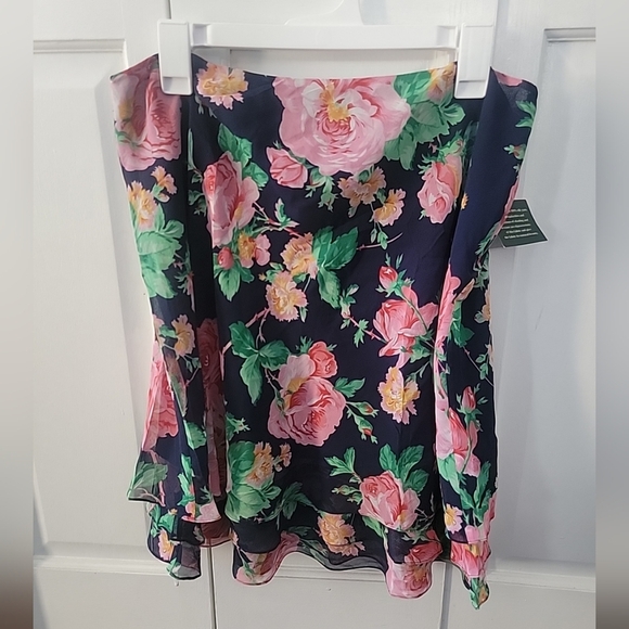 Ralph Lauren 100% Silk Skirt Size 14P Womens Navy Blue Floral Tiered Layered - Picture 1 of 4